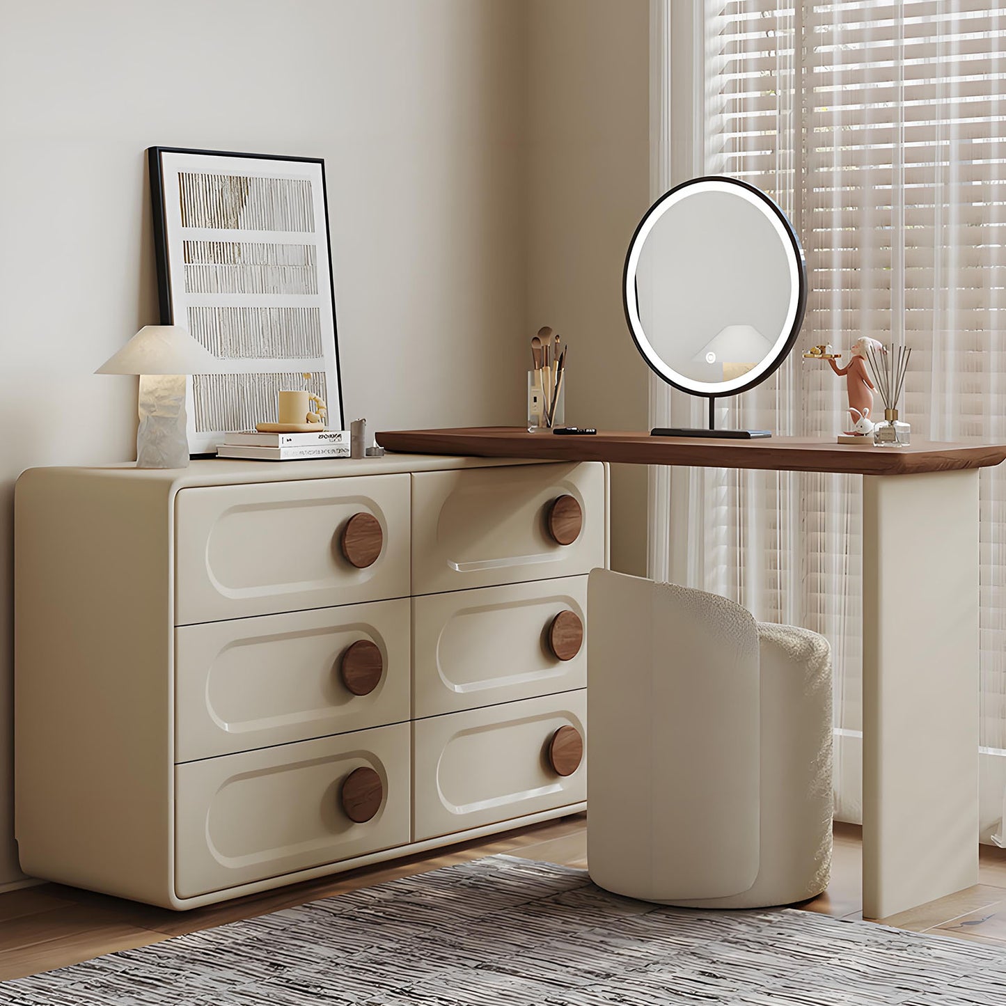 47'' Mid Century Vanity Desk with Smart LED Lights Mirror and Stool, Walnut Veneer