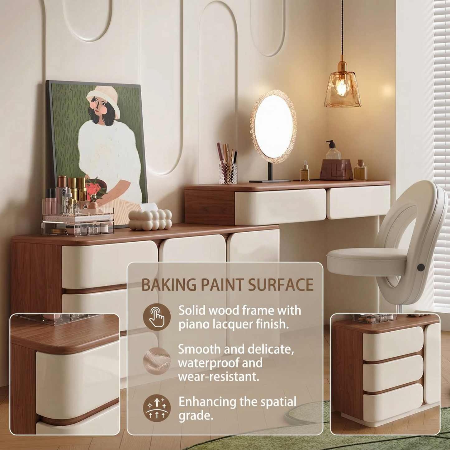 32''-47'' Mid Century Makeup Vanity with Walnut Veneer Top & Smart LED Mirror and Stool