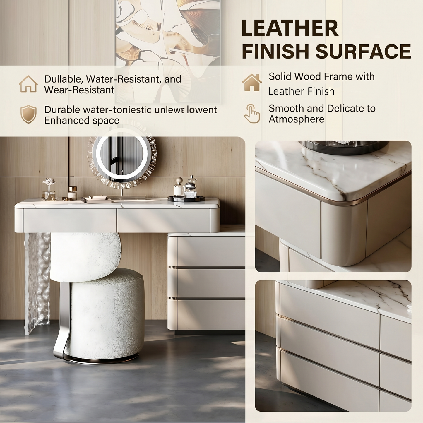 39''-47''Leather Makeup Vanity with Marble Top and Stool,Smart Mirror & Acrylic Legs