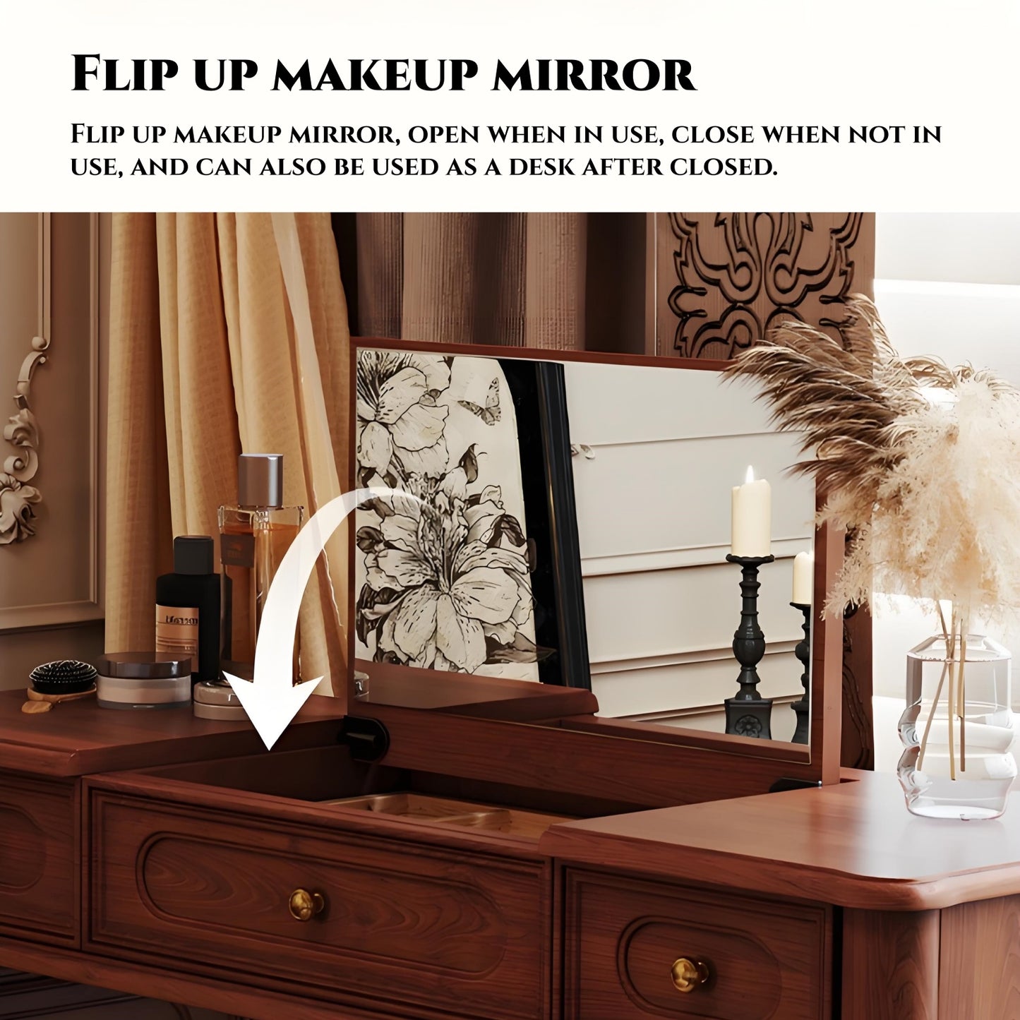 39''-47'' Retro Makeup Vanity with Stool & Mirror for Bedroom