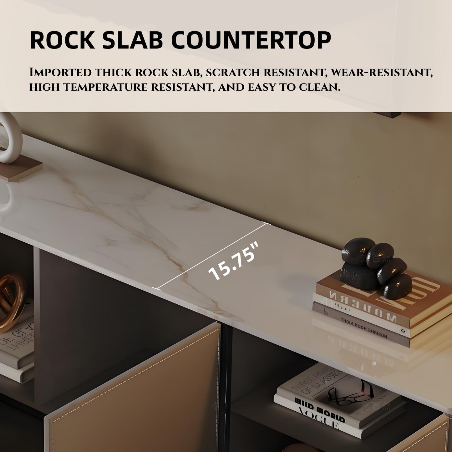 71''-87'' Leather TV Stand with Rock Slab Countertop,Solid Wood,Fully Assembled