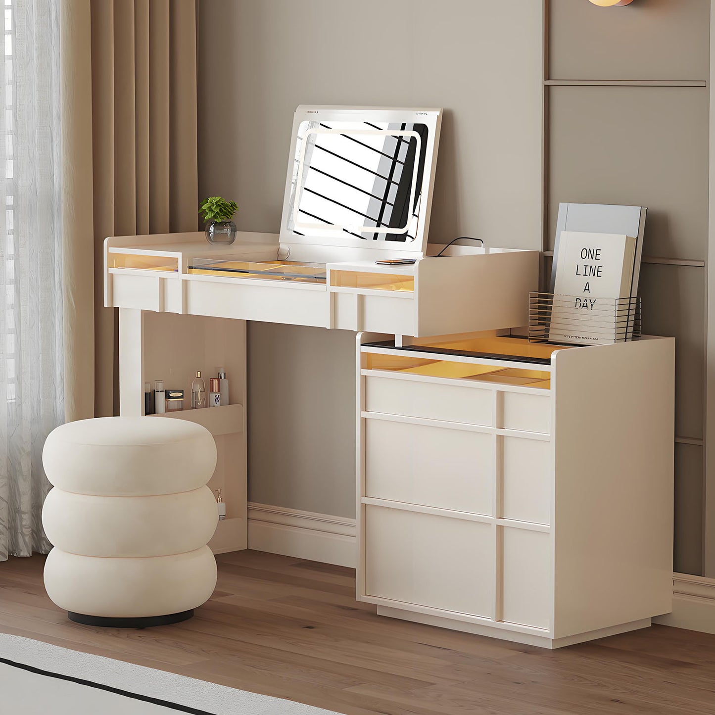 39-47'' Makeup Vanity with Flip up Smart Mirror and Glass Top & LED Ambient Light,Stool
