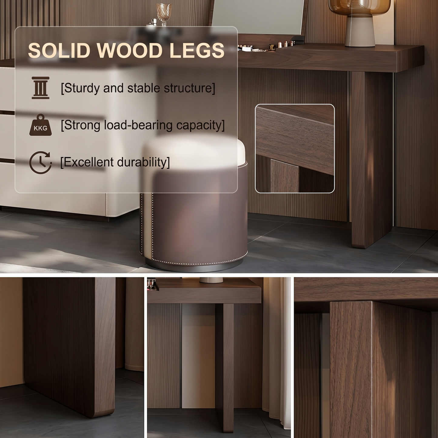 51''Mid Century Makeup Vanity with Flip up Mirror and Stool,Walnut Veneer,Leather Finish