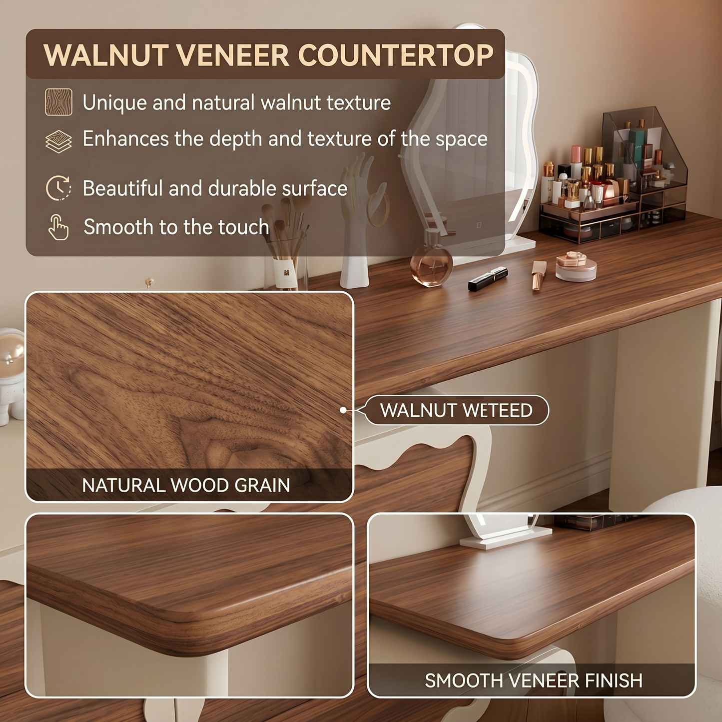 47''Mid Century Makeup Vanity with Smart Light Mirror and Stool,Walnut Veneer,Wavy Design