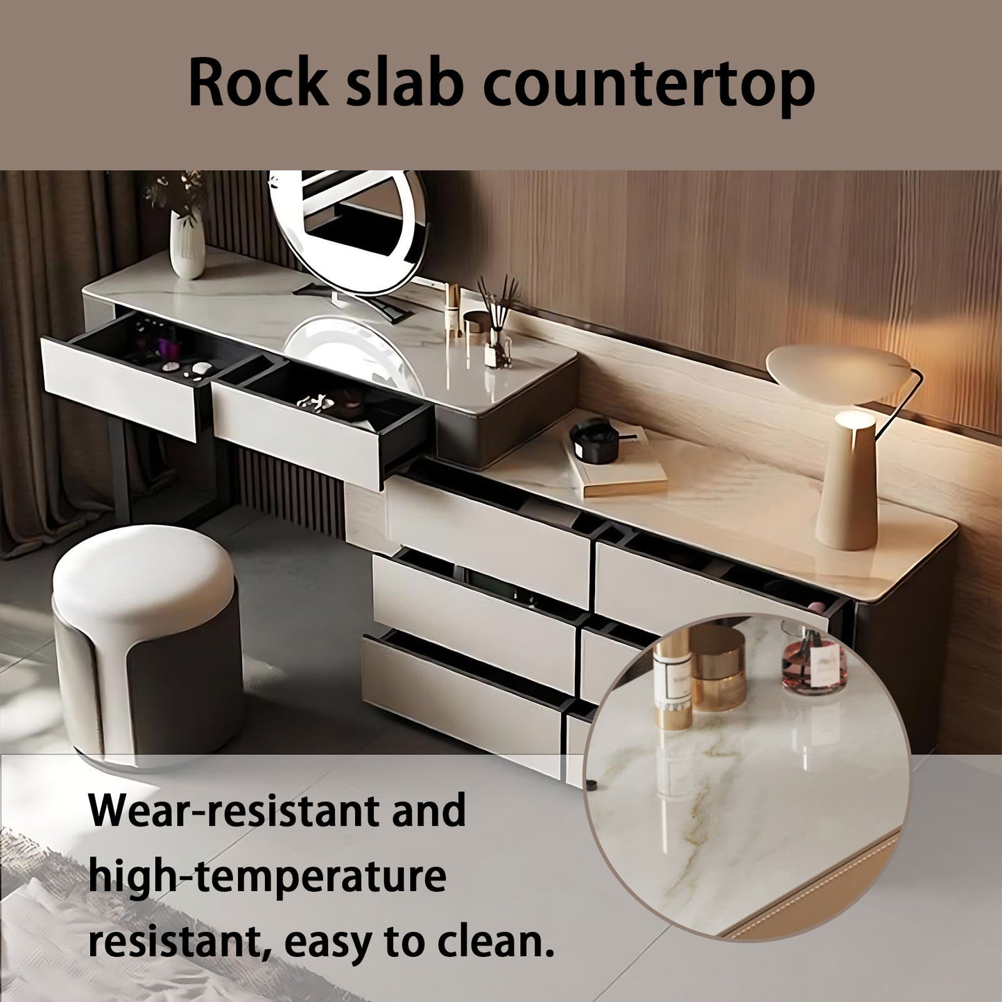 32''-47'' Leather Makeup Vanity with Smart LED Lights Mirror and Rock Slab Top & Stool