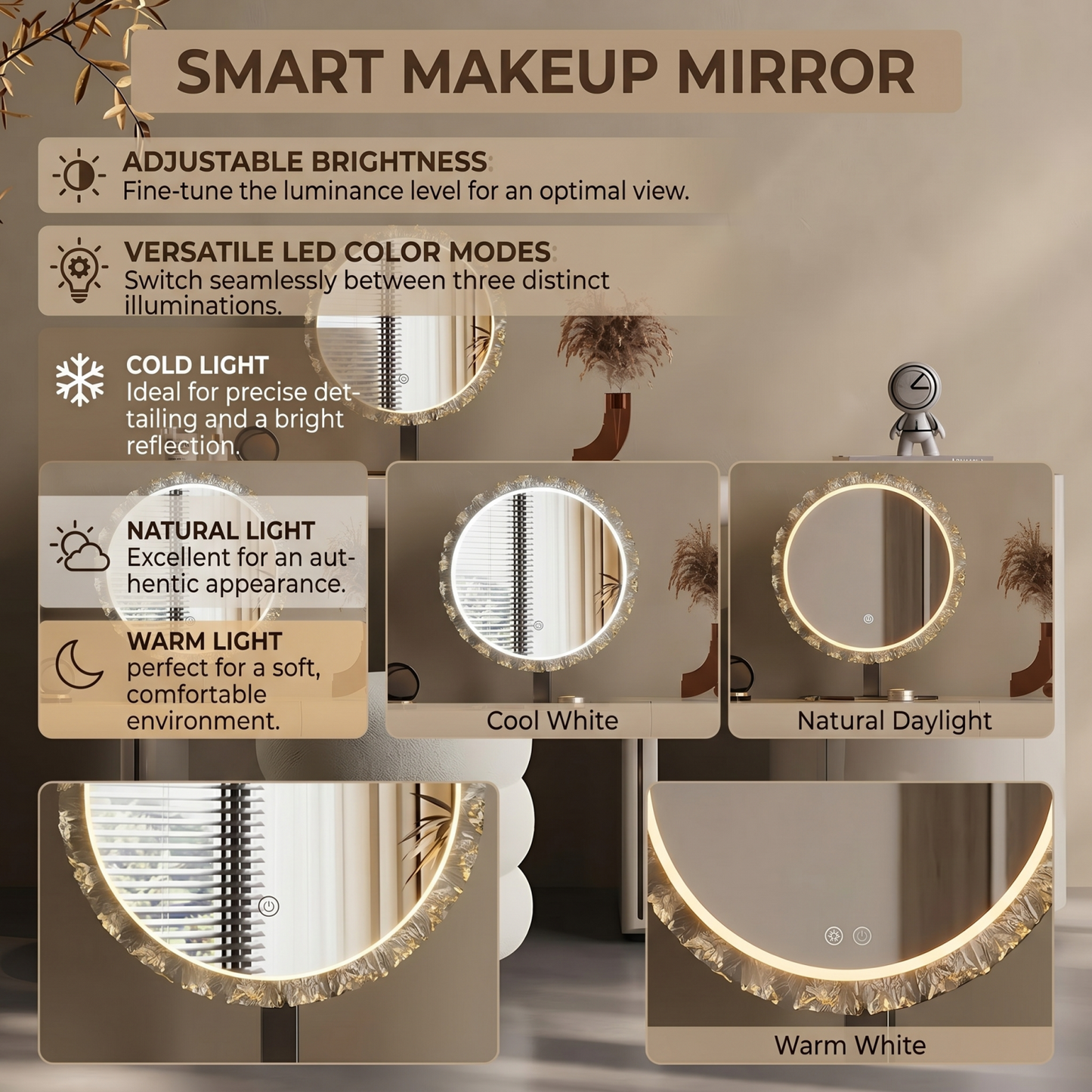 47''Makeup Vanity with Smart LED Mirror and A Round Mobile Cabinet & Stool,Baking Paint