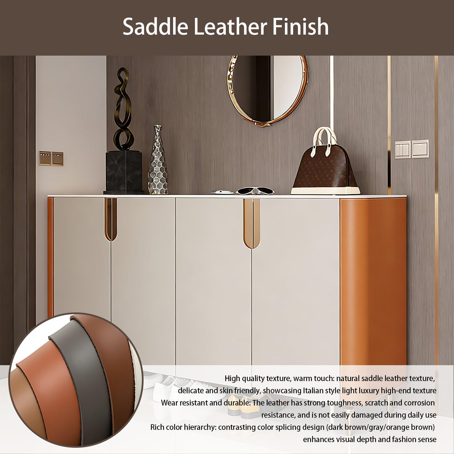 47''-71'' Leather Shoe Cabinet with Rock Slab Countertop & Stainless Steel Legs