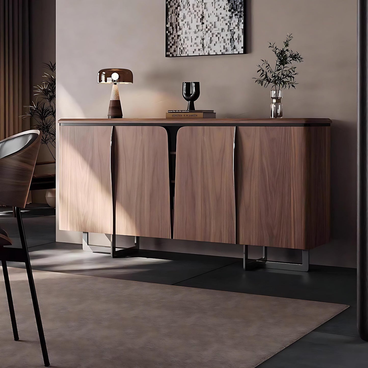 55''-63'' Mid Century Sideboard Buffet Cabinet with Storage,Walnut Veneer