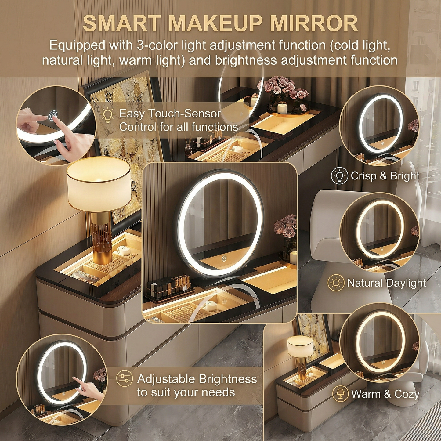 39''-47''Makeup Vanity with Tempered Glass Top and LED Ambient Light,Smart Mirror & Stool