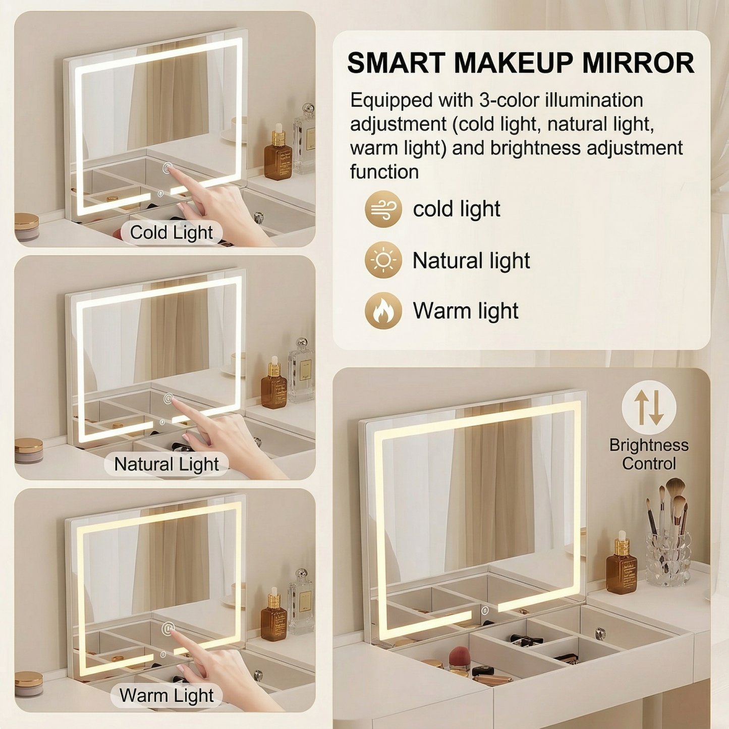 32''-47''Leather Vanity with Tempered Glass Top and LED Light & Flip up Smart Mirror,Stool