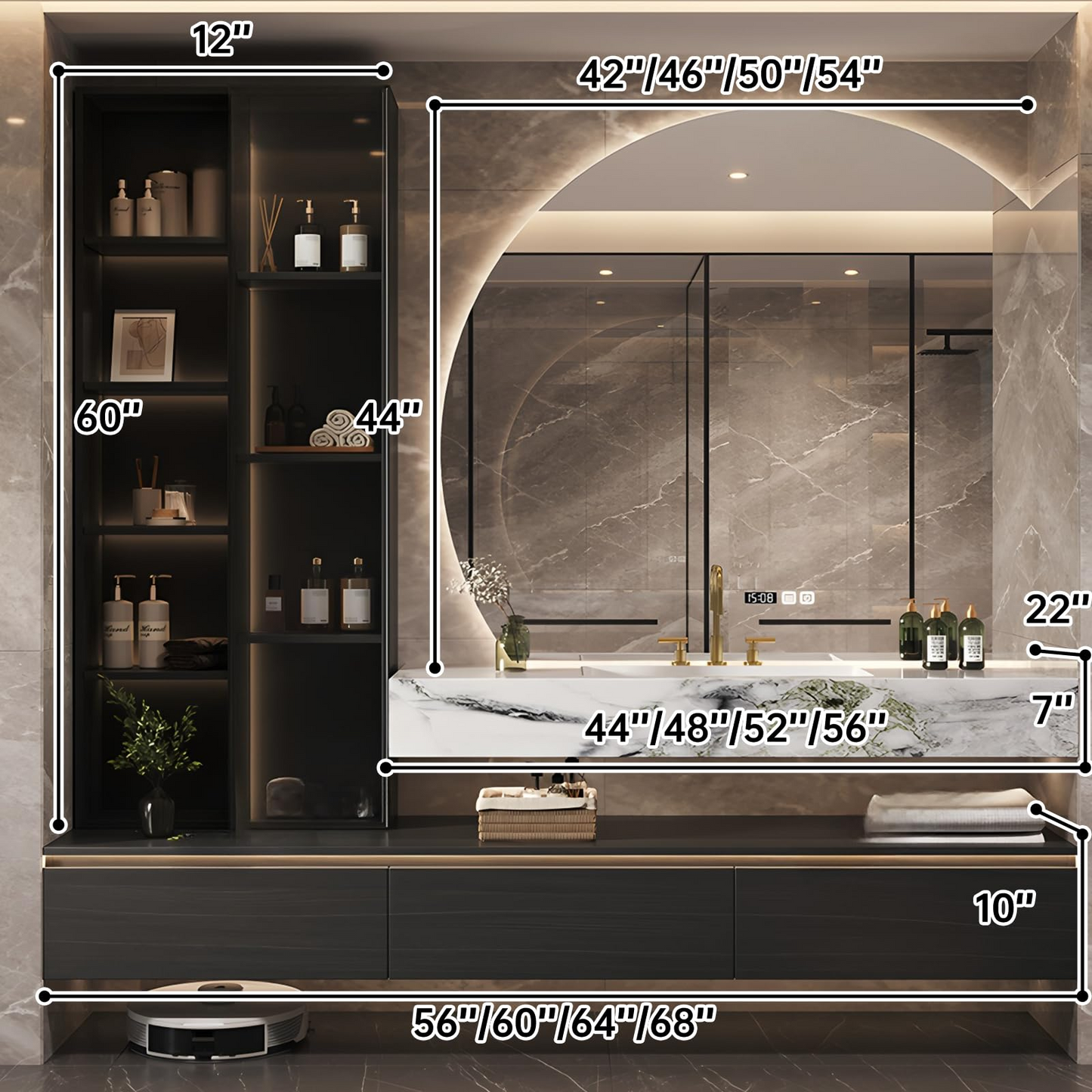 56''-84'' Bathroom Vanity with Single Sink and Semi-Circular Smart Mirror & Side Cabinet