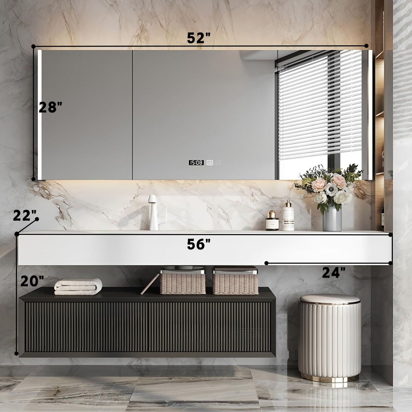 52''-80'' Floating Bathroom Vanity with Sink and LED Smart Defogging Cabinet & Drawer