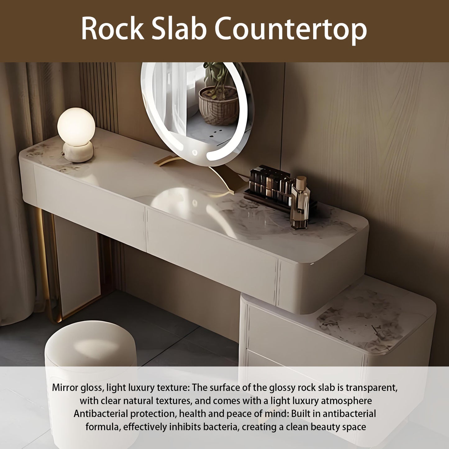 47''-63'' Makeup Vanity with Smart LED Light Mirror and Stool & Rock Slab Top,Leather