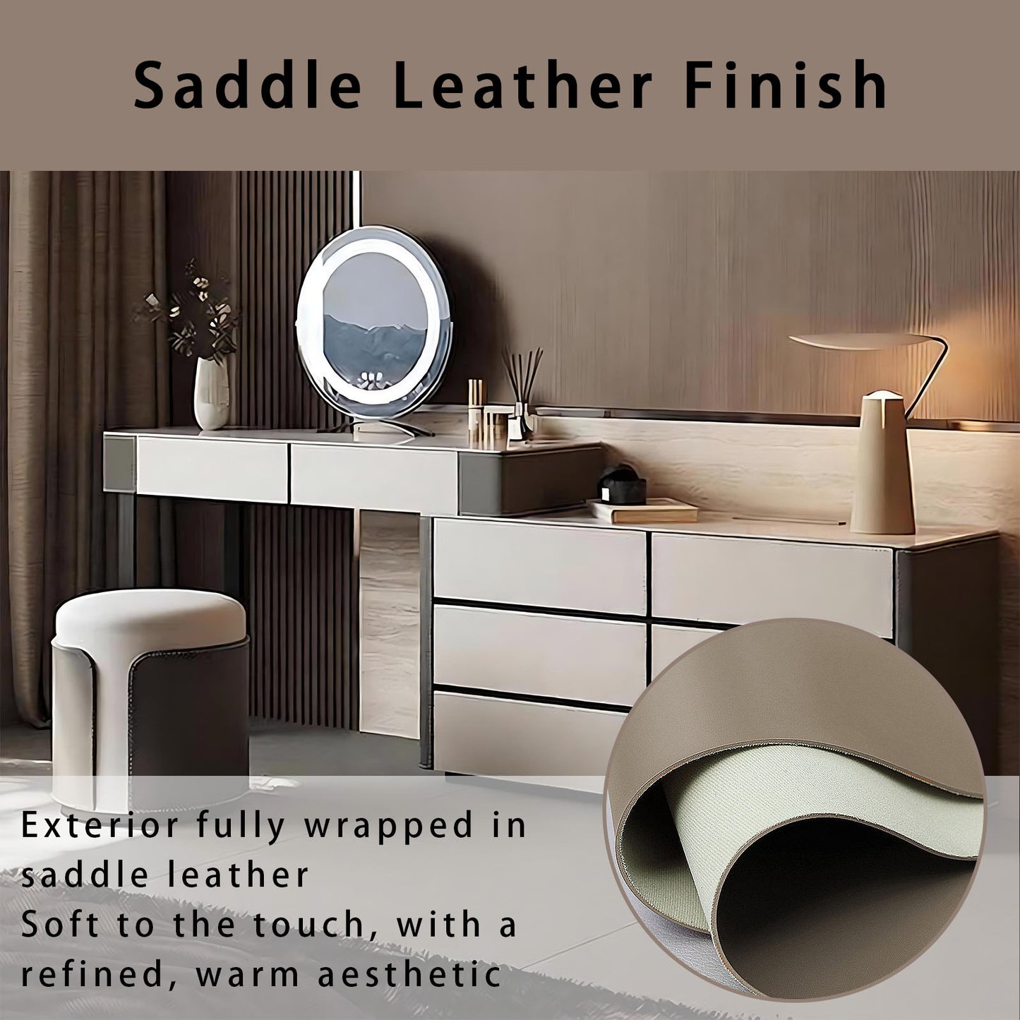 32''-47'' Leather Makeup Vanity with Smart LED Lights Mirror and Rock Slab Top & Stool