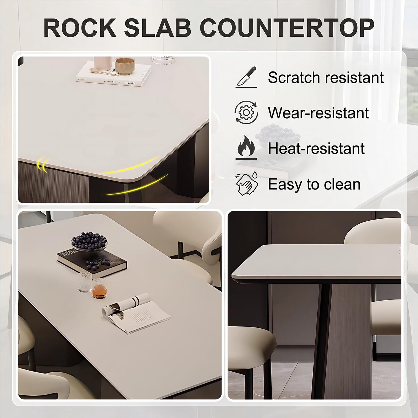 55''-71''Dining Table with 4 Chairs & Sintered Stone Top,Stainless Steel Legs