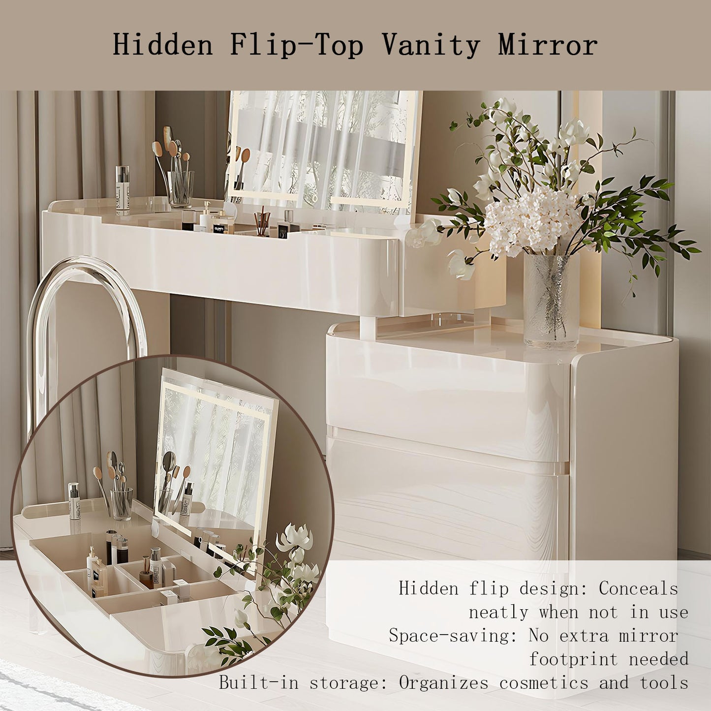 32''-47'' Vanity Desk with Flip up LED Lights Mirror and Stool,Baking Paint & Solid Wood