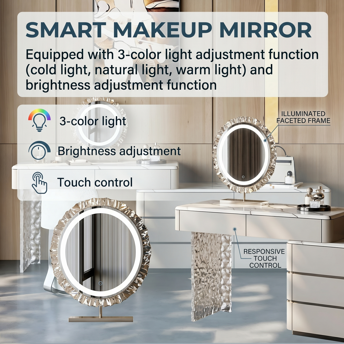 39''-47''Leather Makeup Vanity with Marble Top and Stool,Smart Mirror & Acrylic Legs