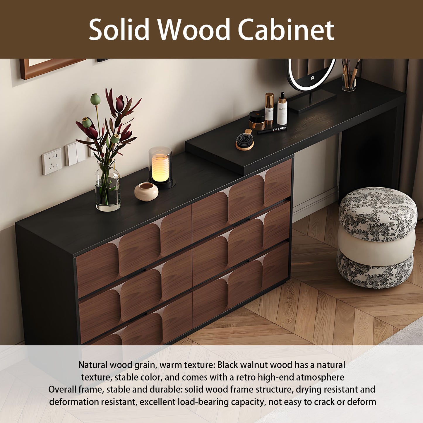 47'' Makeup Vanity with Walnut Veneer & Smart LED Mirror and Stool for Bedroom,Retro