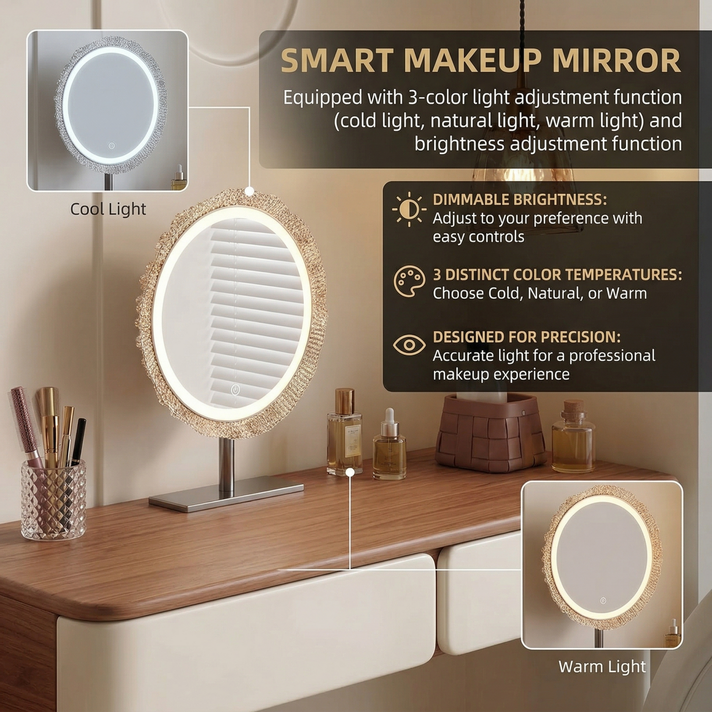 32''-47'' Mid Century Makeup Vanity with Walnut Veneer Top & Smart LED Mirror and Stool