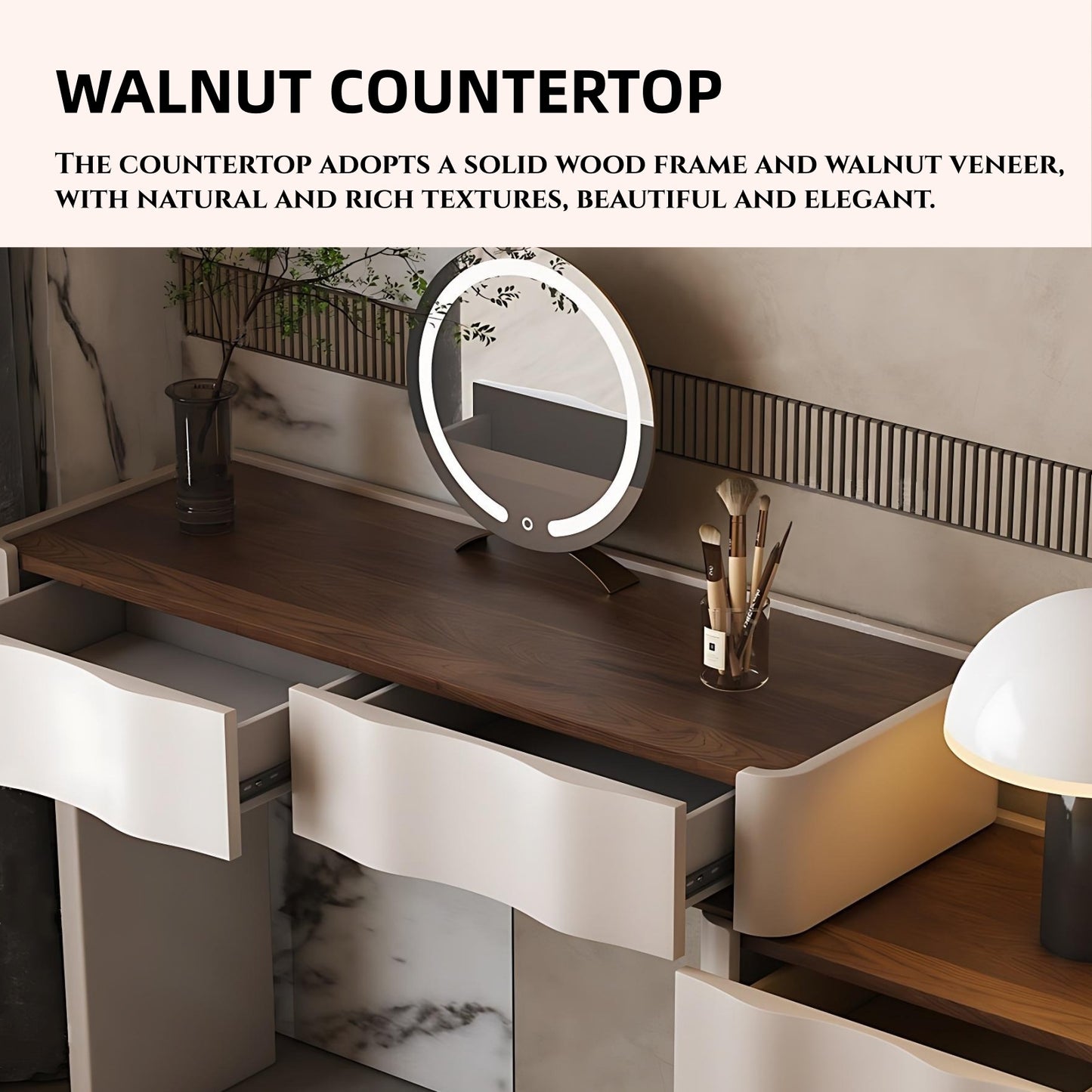 32''-47''Wave Shaped Makeup Vanity with Stool and Smart LED Light Mirror,Walnut Veneer Top