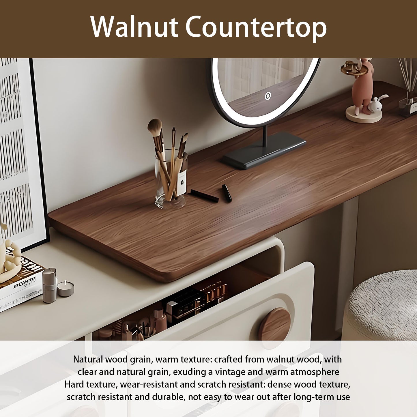 47'' Mid Century Vanity Desk with Smart LED Lights Mirror and Stool, Walnut Veneer
