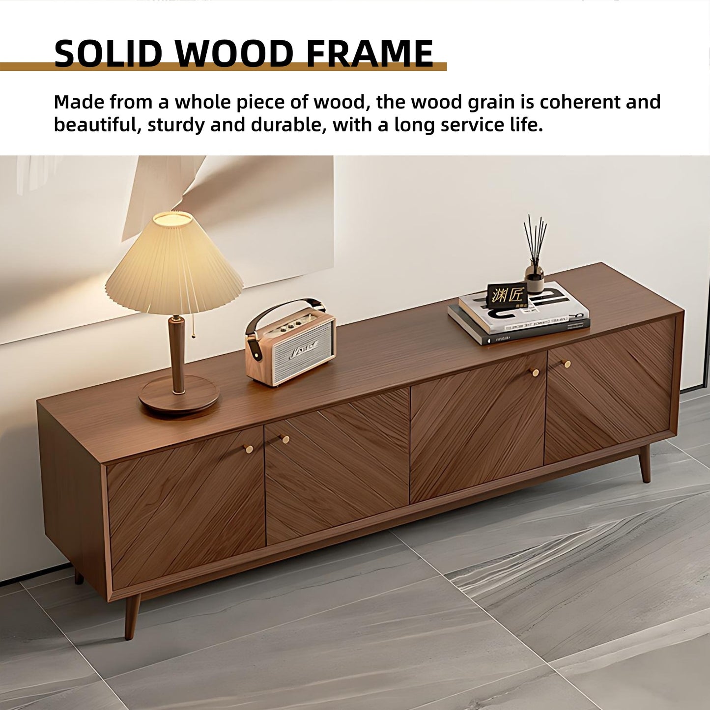 71''-87'' Solid Wood TV Stand,Walnut Splicing Design,Mid Century Console Table