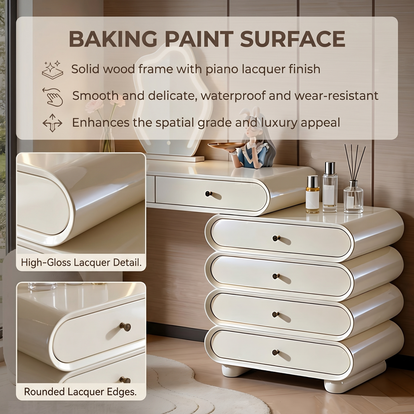 39'' Makeup Vanity with Smart LED Light Mirror and Stool,White,Baking Paint