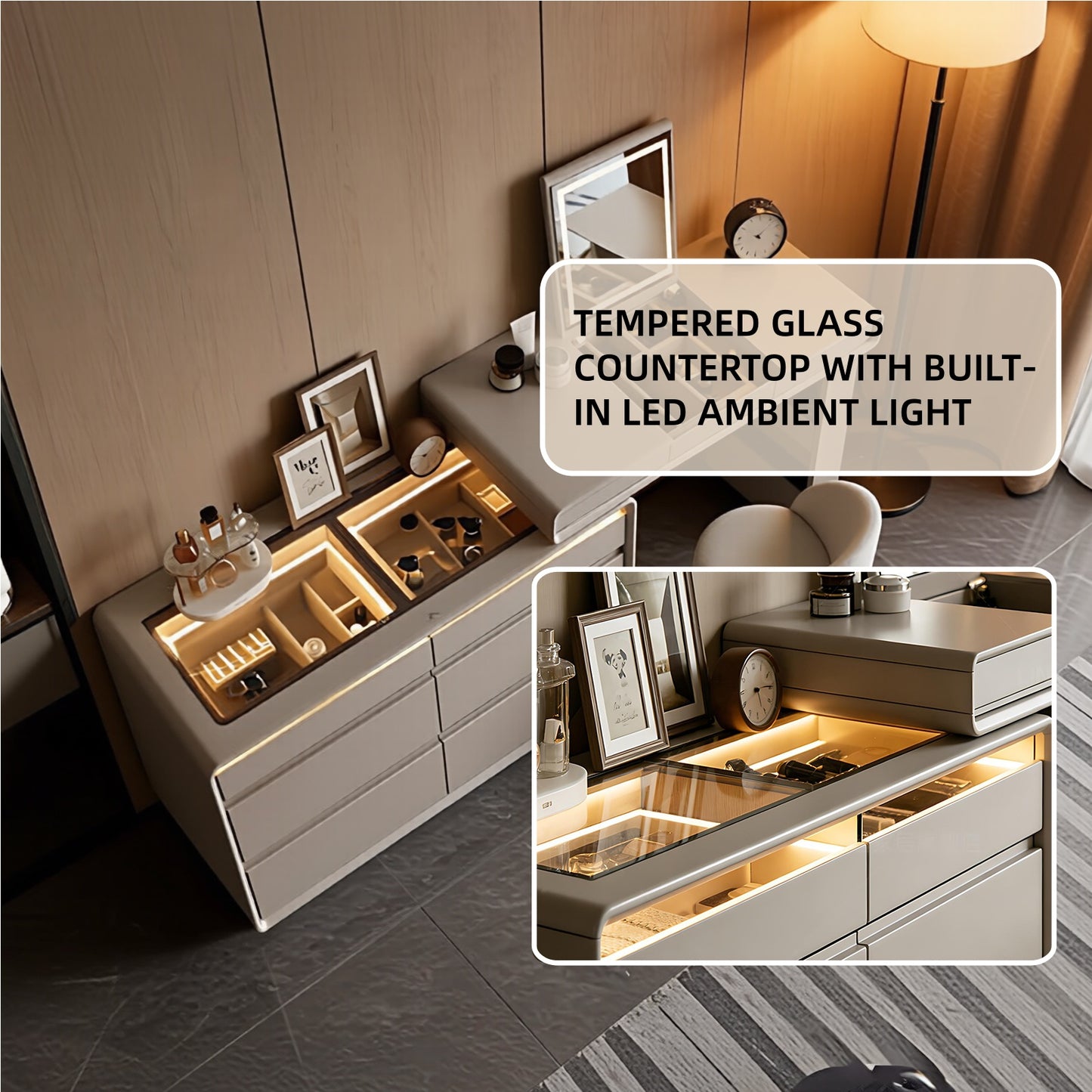 47''Vanity Set with Tempered Glass Top and LED Ambient Light,Flip up Smart Mirror & Stool