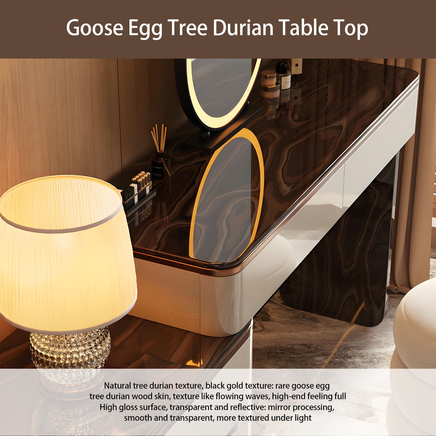 39''-47'' Vanity Desk with Tree Grain Veneer Top and Stool,LED Light Mirror,Baking Paint