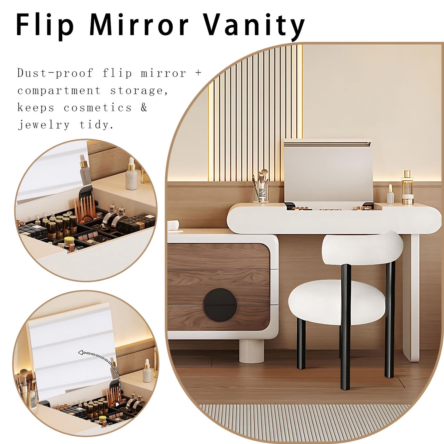32''-47'' Makeup Vanity with Flip up Mirror and Walnut veneer & Stool for Bedroom