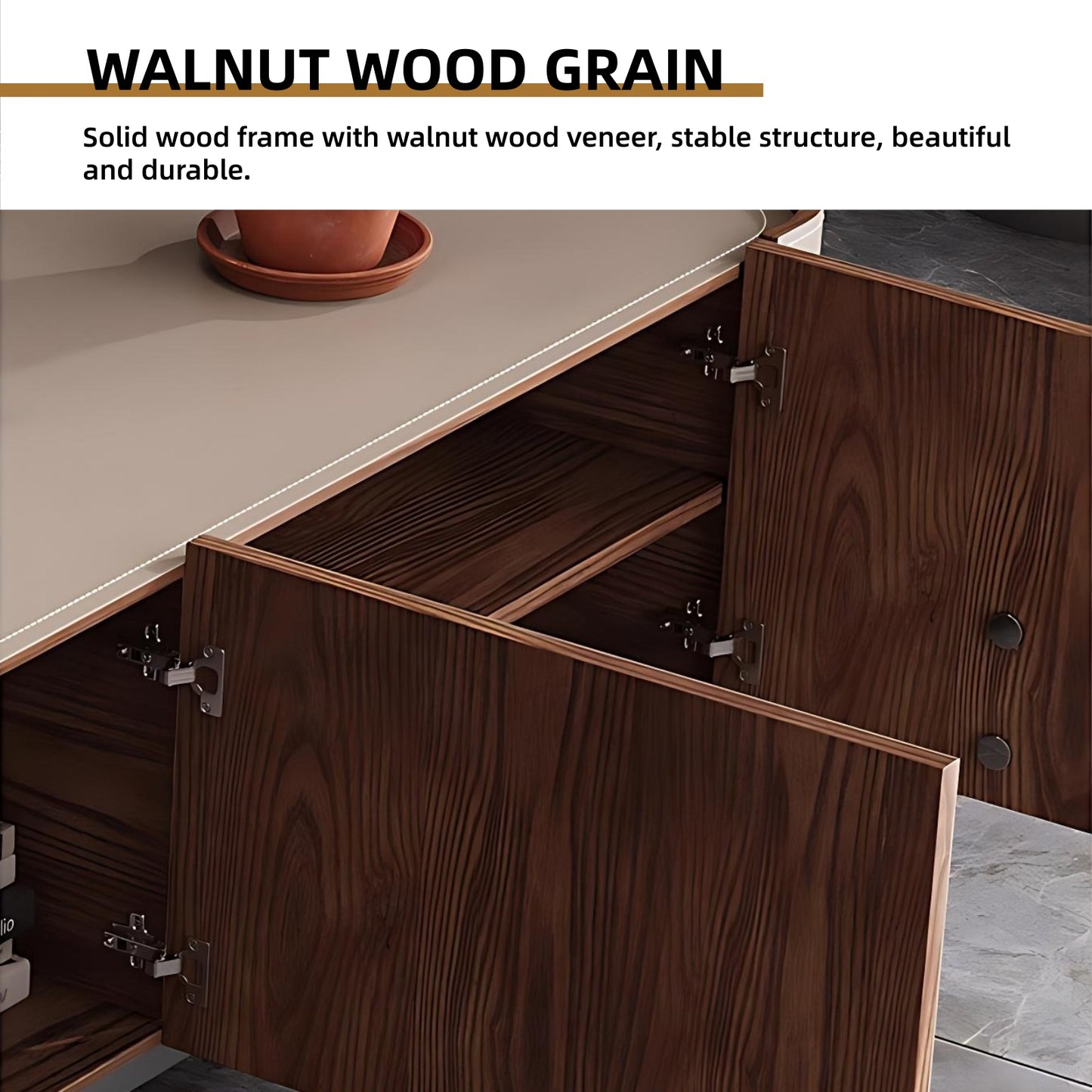 71''-94'' Leather TV Stand with 4 Storage Cabinets,Solid Wood Entertainment Center