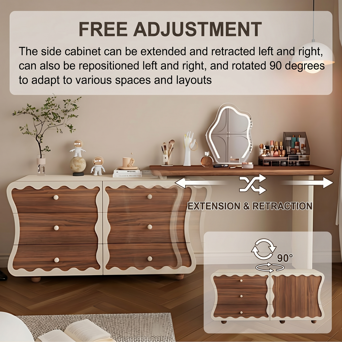 47''Mid Century Makeup Vanity with Smart Light Mirror and Stool,Walnut Veneer,Wavy Design