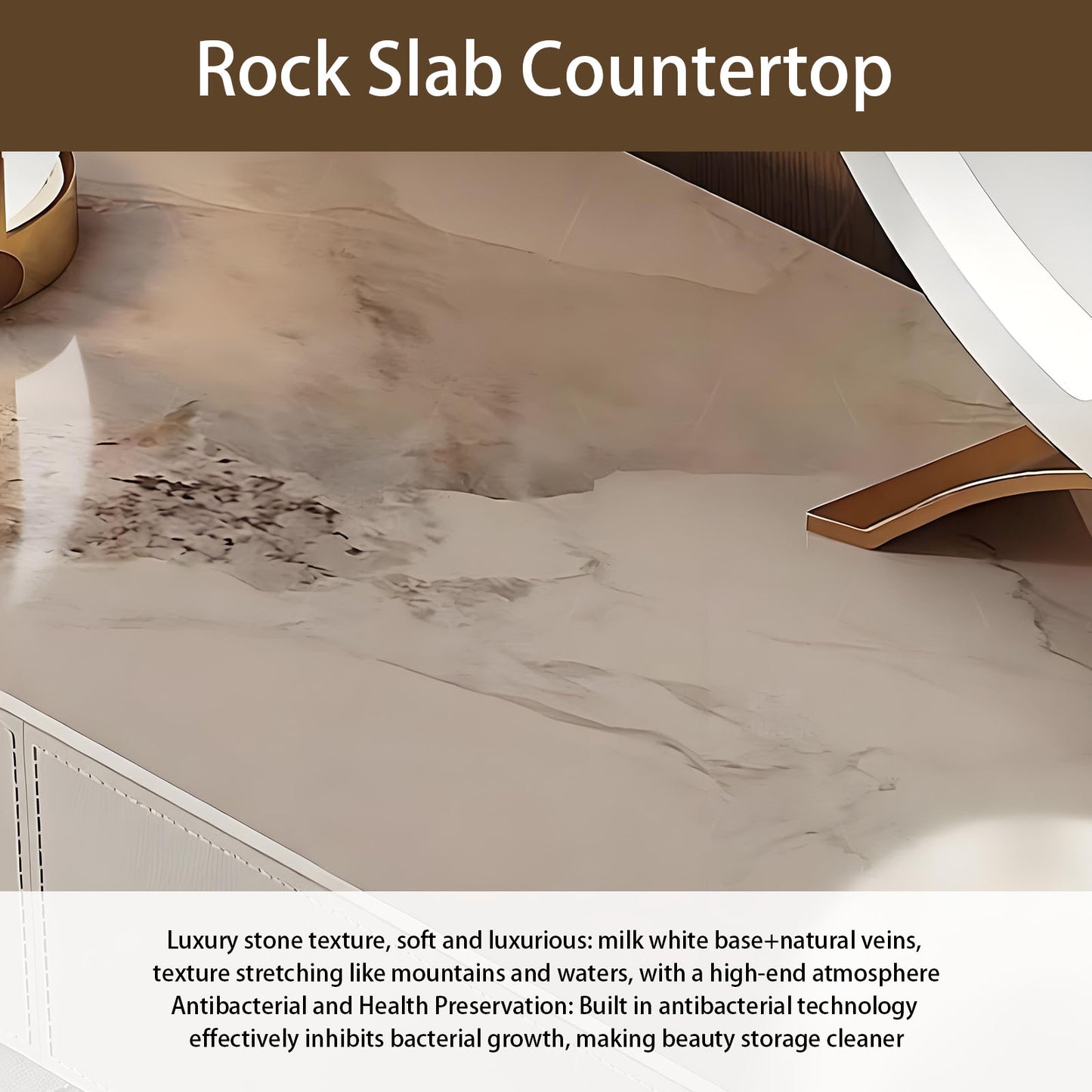 55-71'' Leather Makeup Vanity with 2 Cabinets and Smart LED Mirror & Stool,Rock Slab Top