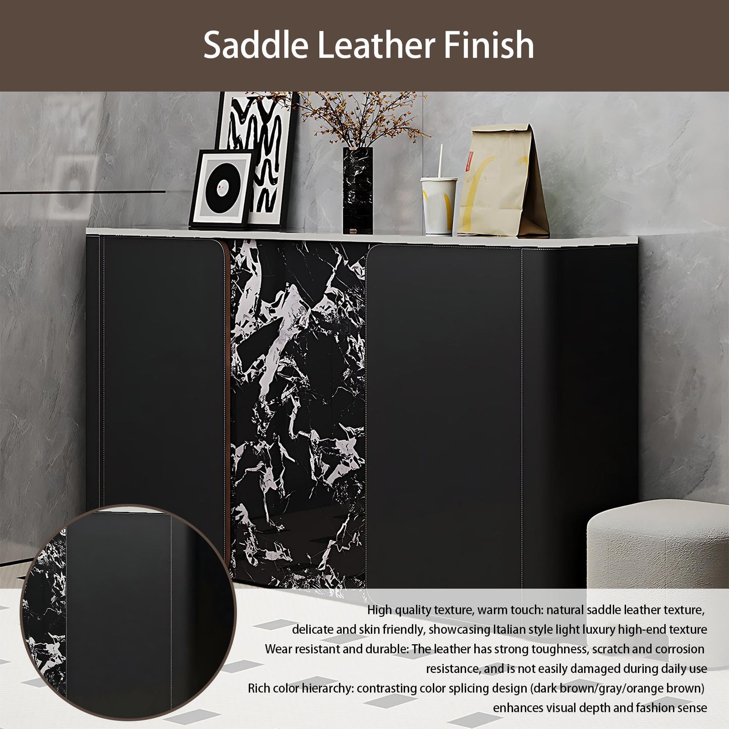 47''-59'' Shoe Storage Cabinet with Rock Slab Countertop & Leather Finish,Solid Wood