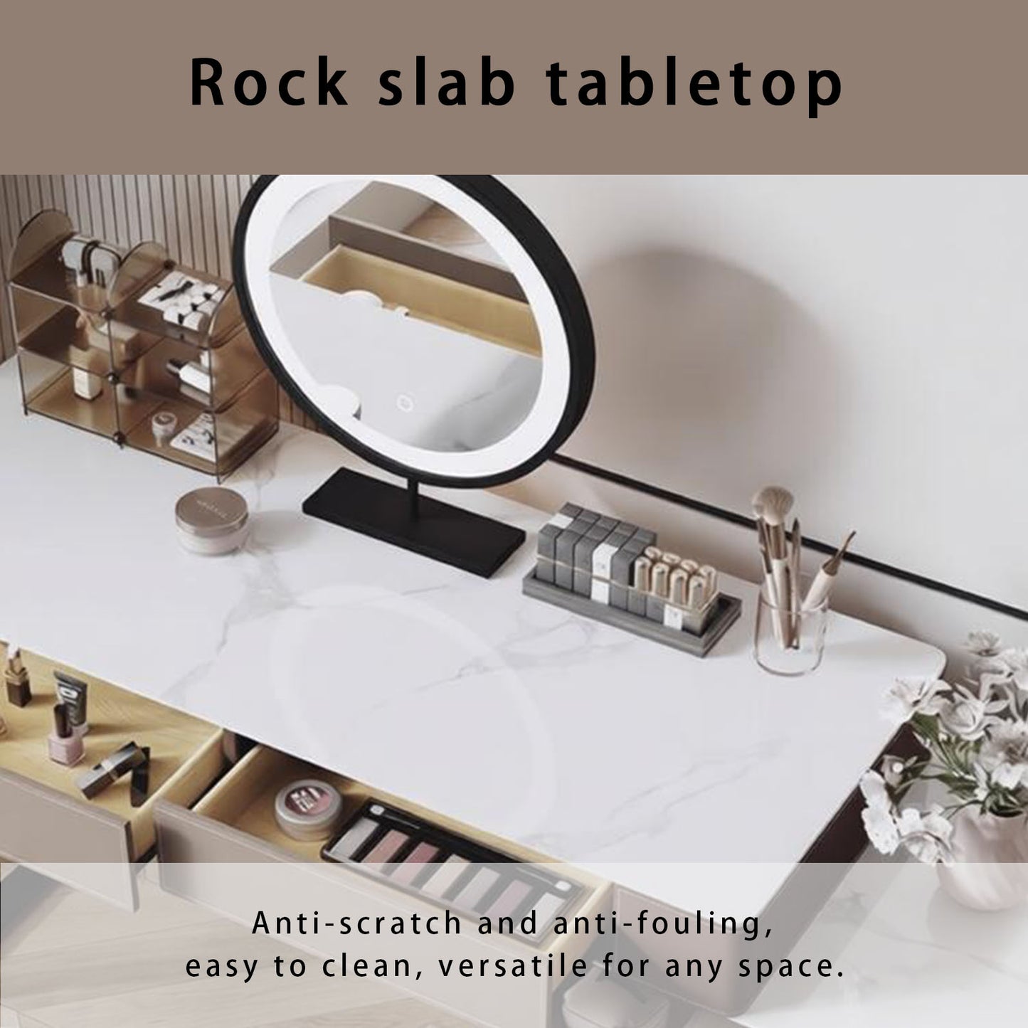 32''-47'' Makeup Vanity with Rock Slab Top and Smart LED Lights Mirror & Stool,Leather
