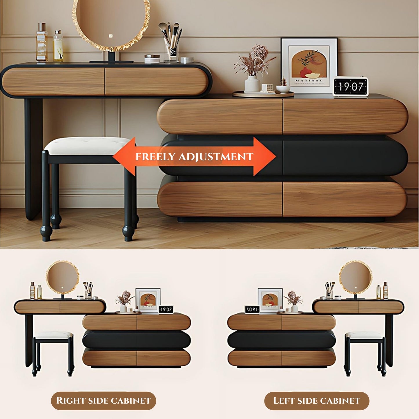 32''-47'' Makeup Vanity with Stool and Smart LED Light Mirror & Walnut Veneer,Mid Century