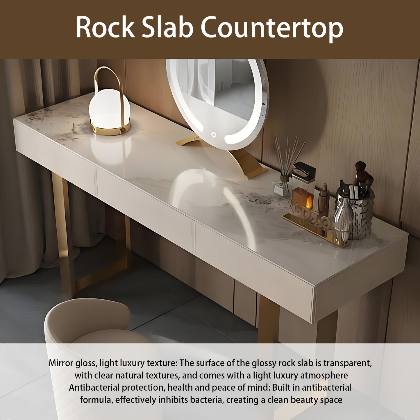 55''-71'' Leather Vanity Desk with Rock Slab Top and Smart LED Mirror & Stool,Solid Wood
