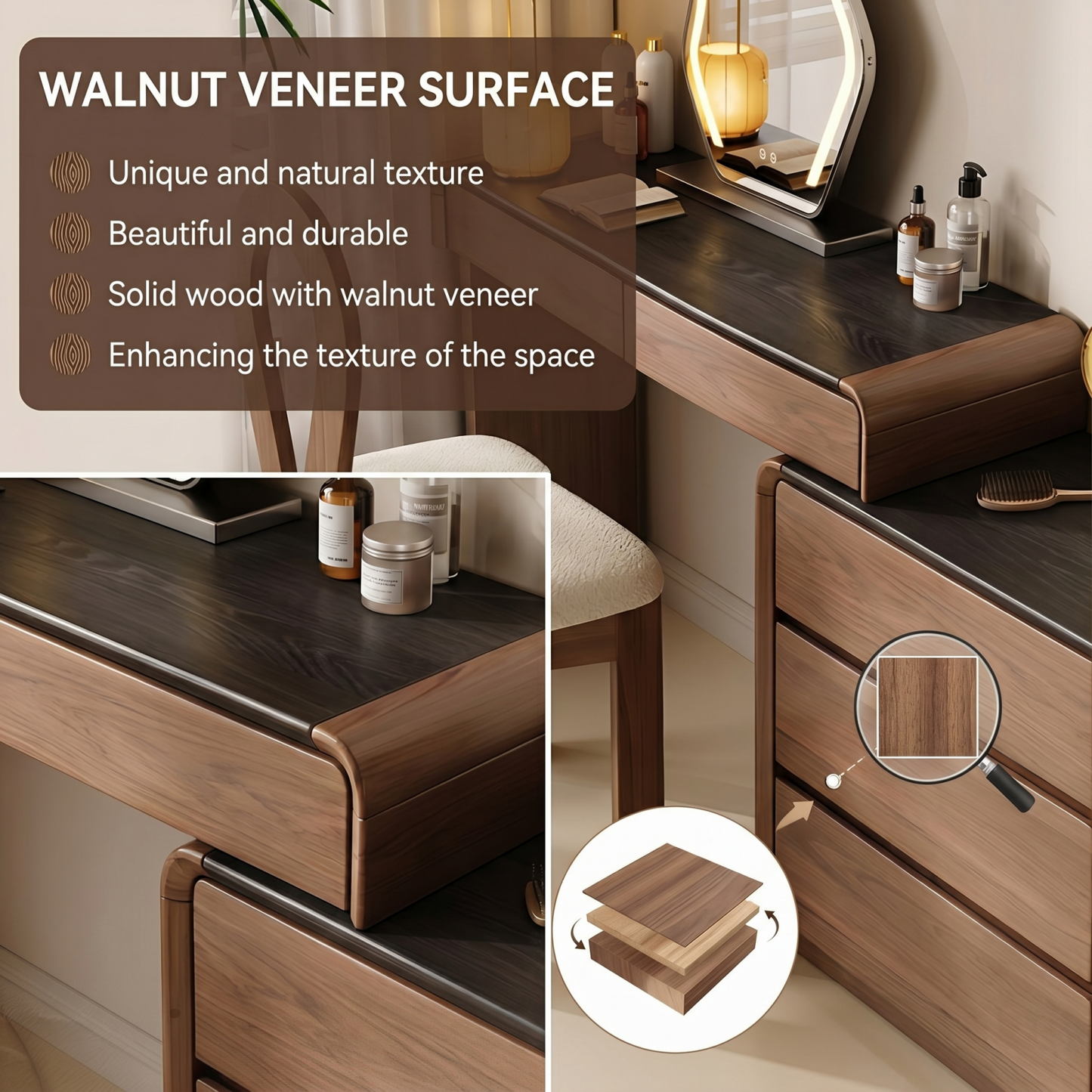 39''-47'' Makeup Vanity with Black Countertop and Smart LED Light Mirror & Stool,Walnut