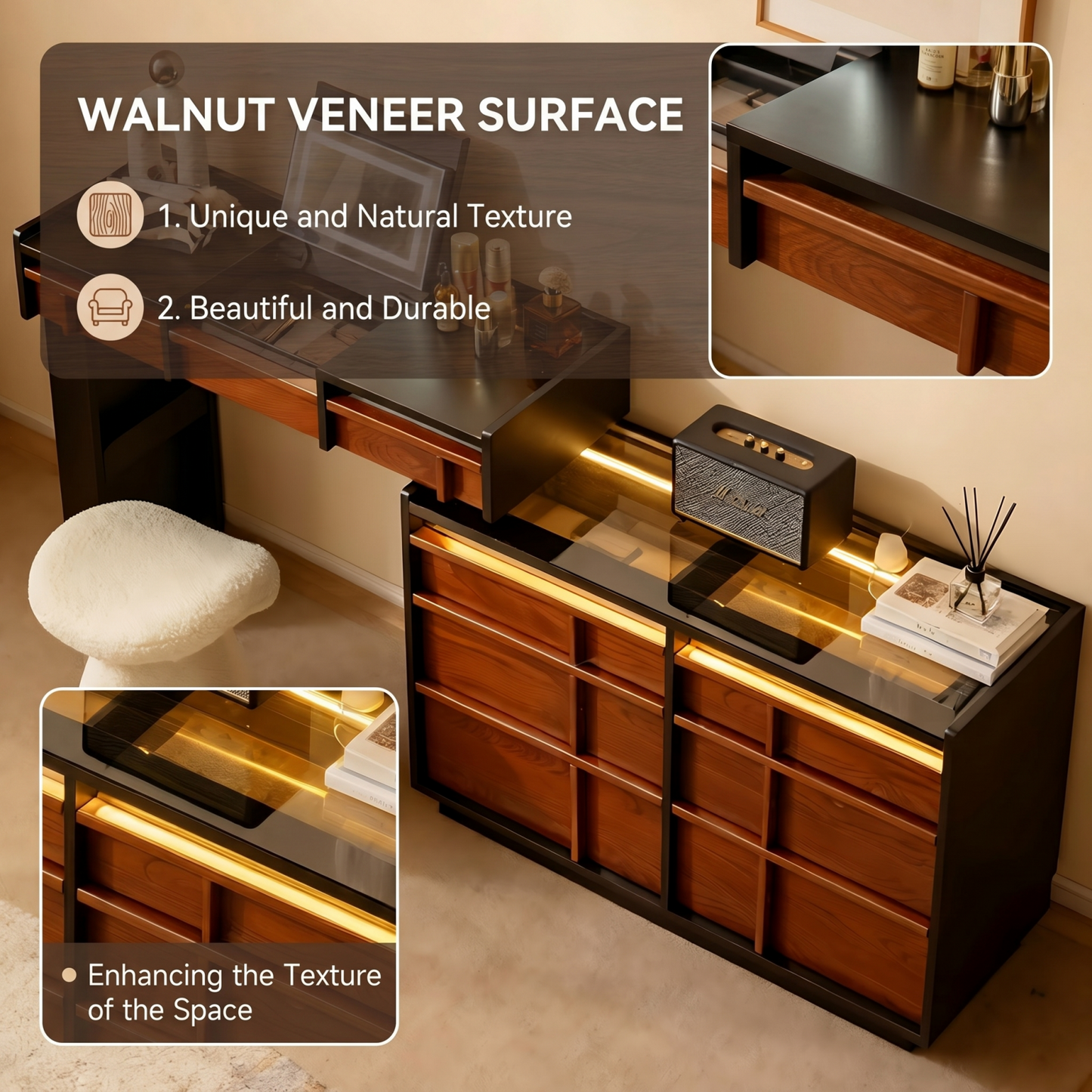 47'' Vanity Set with Mirror and Tempered Glass Top & LED Ambient Light,Stool,Mid Century