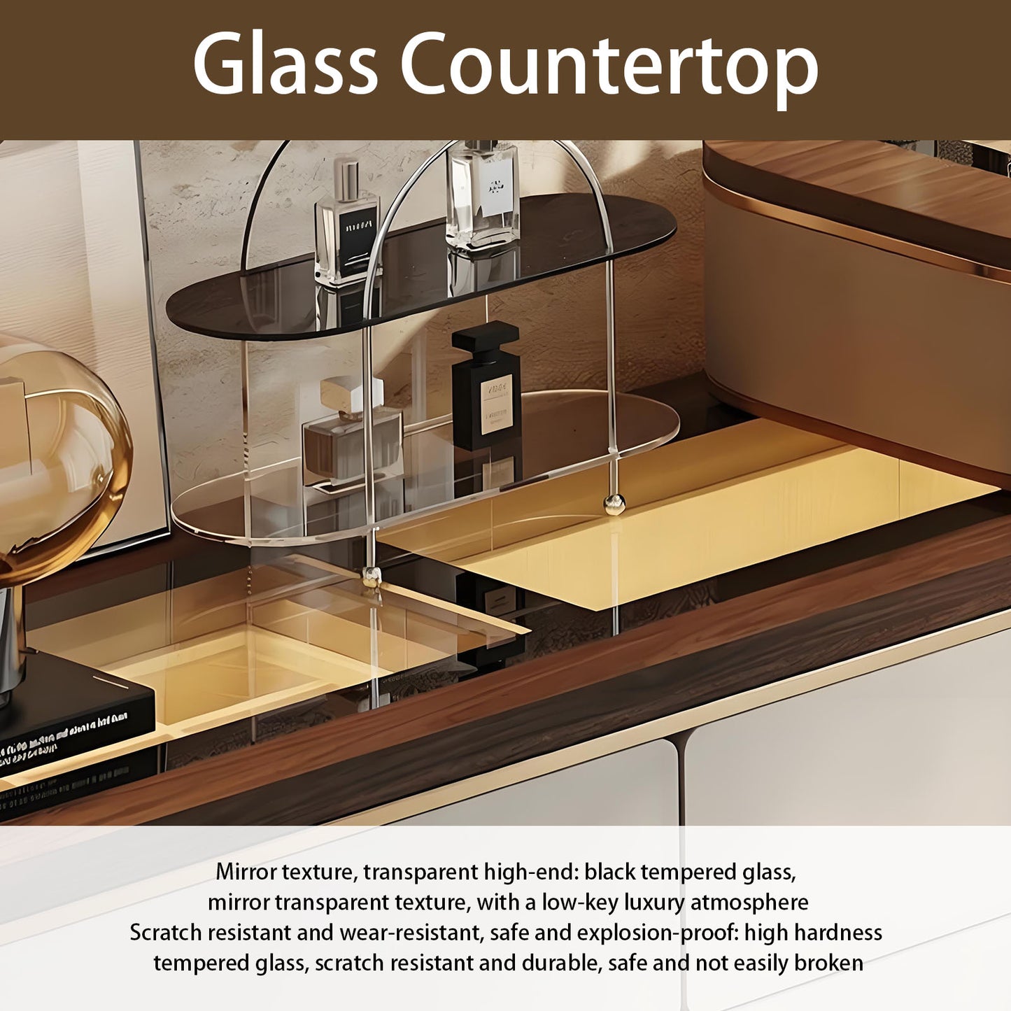 39'' Makeup Vanity with Tempered Glass Top and LED Ambient Light & Smart Mirror,Stool