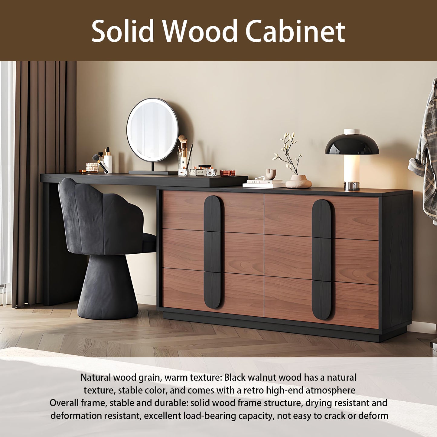 47'' Mid Century Makeup Vanity with Stool and Smart LED Lights Mirror & Walnut Veneer