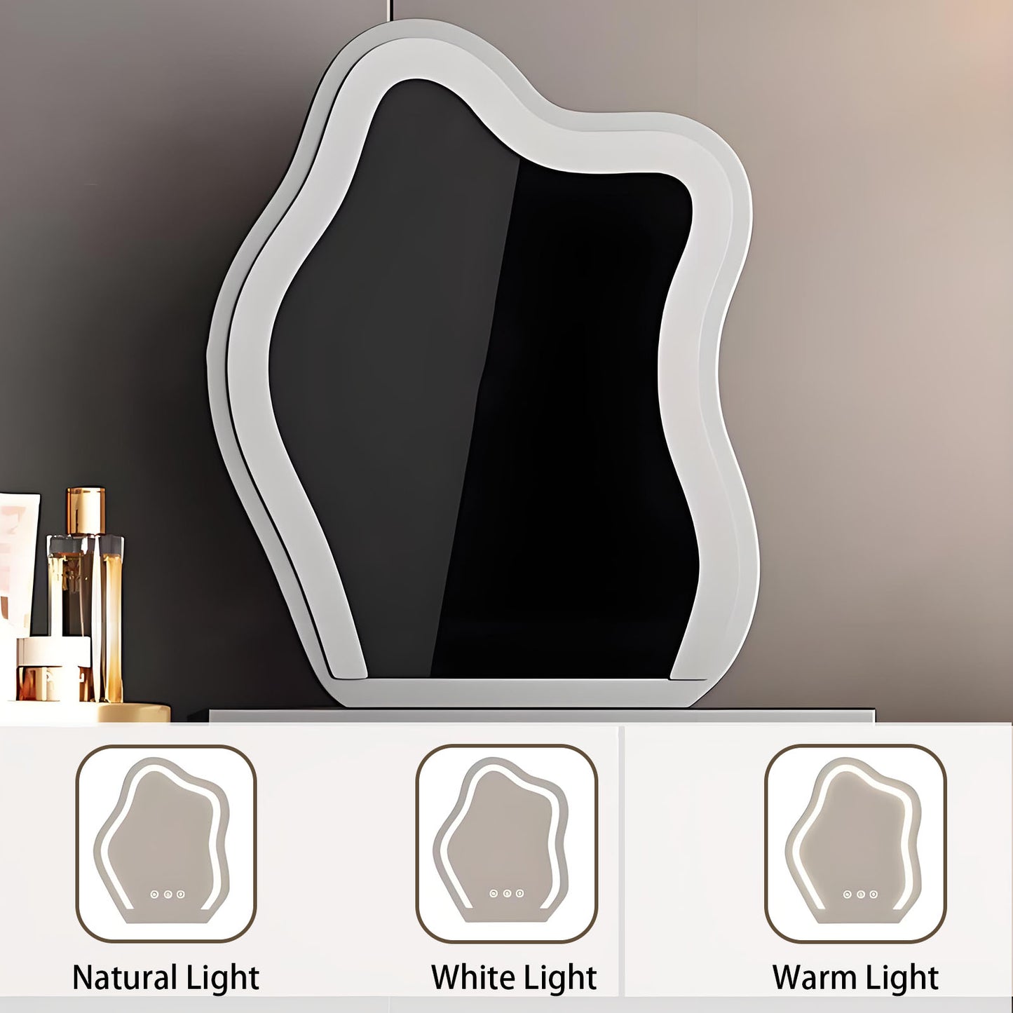 47''&63''Leather Makeup Vanity with Smart LED Light Mirror and Stool,Cloud Shaped Glass