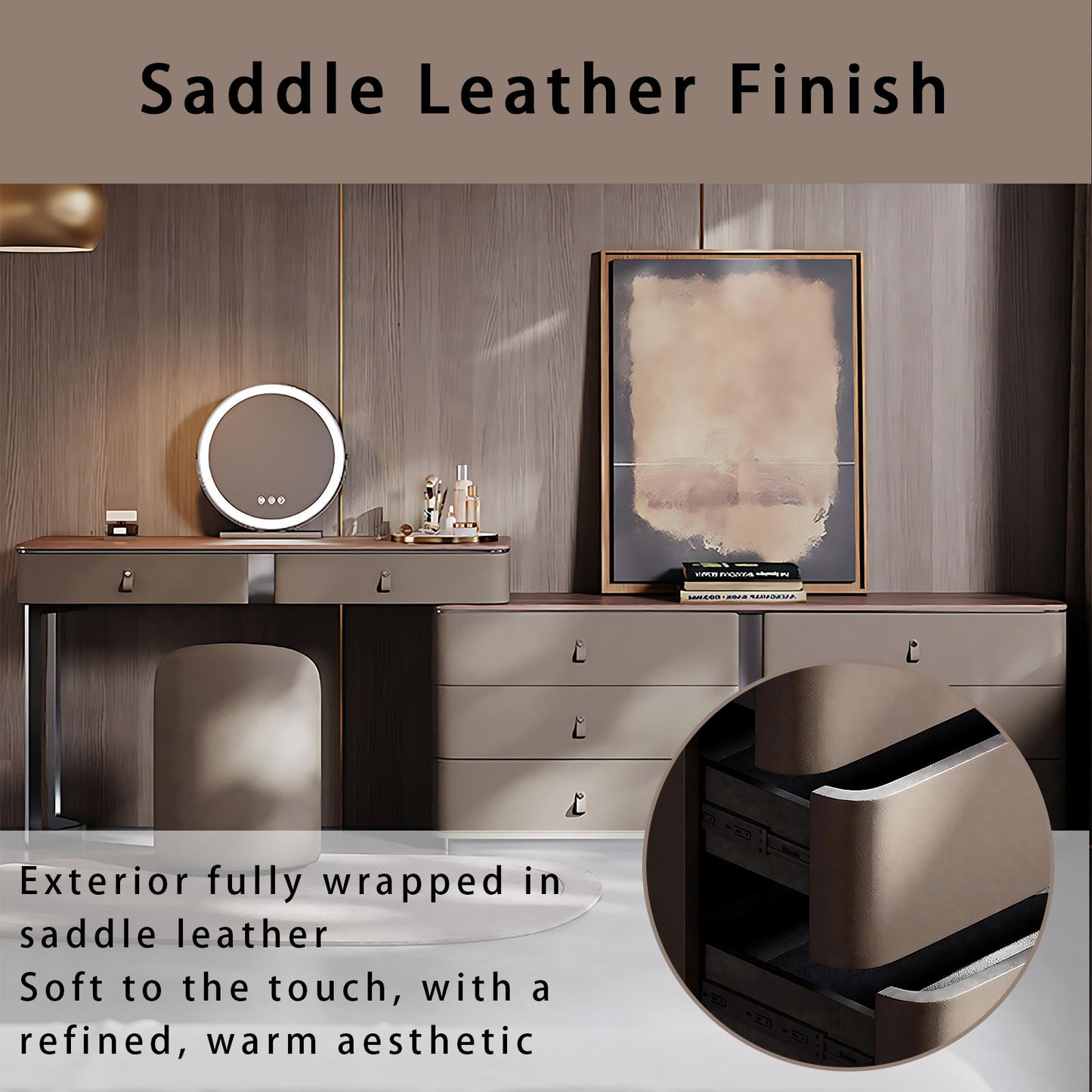 39''-47''Leather Vanity with Walnut Veneer Top and Smart LED Lights Mirror & Stool,59IN