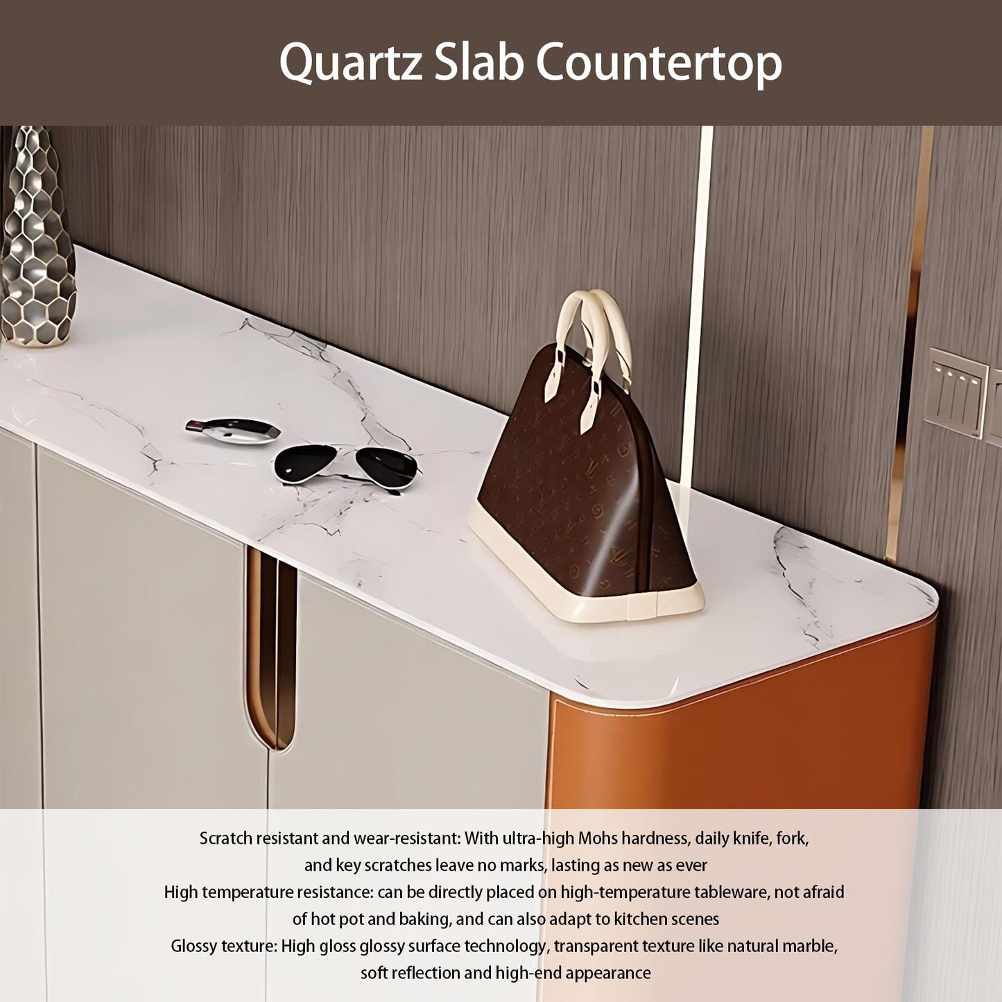 47''-71'' Leather Shoe Cabinet with Rock Slab Countertop & Stainless Steel Legs