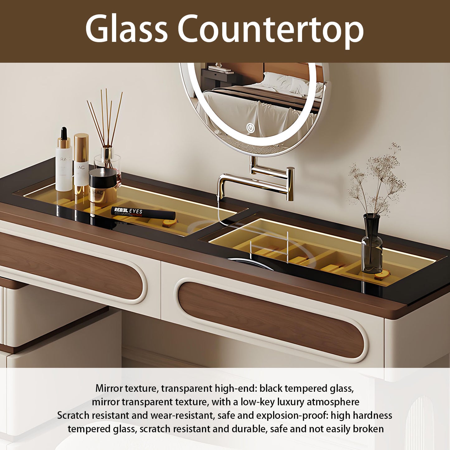 39''-47'' Vanity Set with Tempered Glass Top and LED Ambient Light & Mirror,Stool