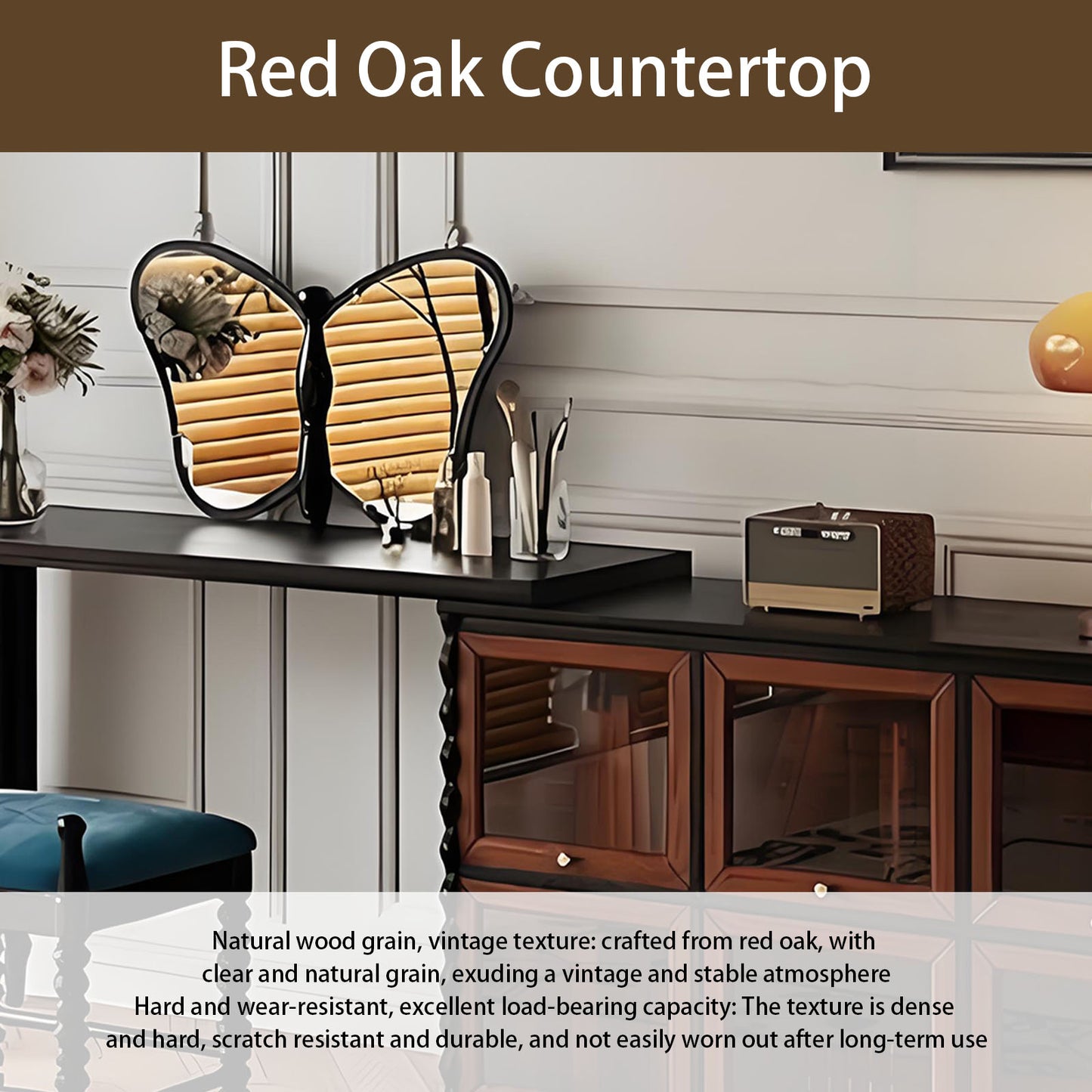 47''Vanity Set with Butterfly Mirror and Stool & 6 glass Flip up Cabinet Doors,Mid Century