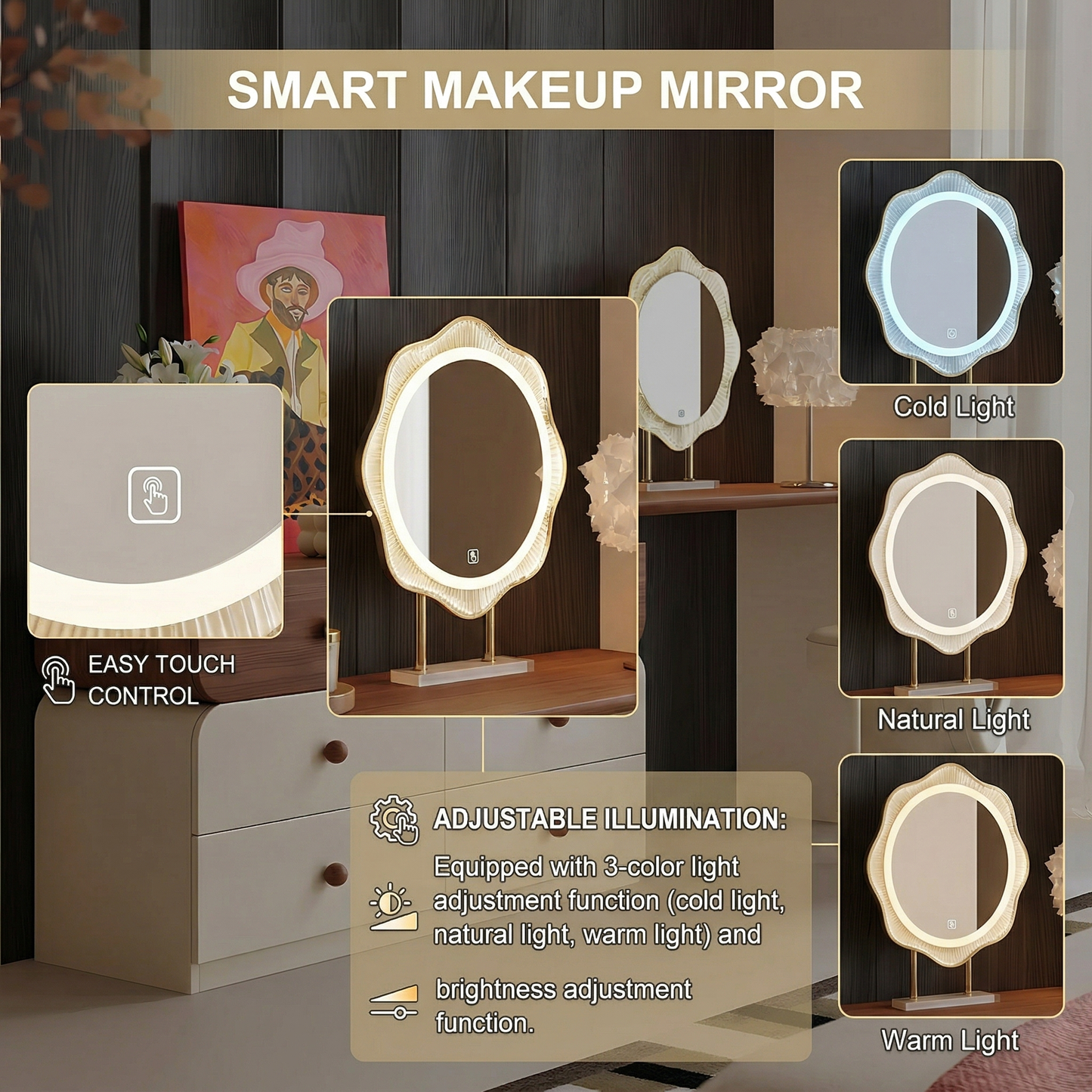 47'' Vanity Set with Walnut Veneer Top and Stool & Smart LED Lights Mirror for Bedroom