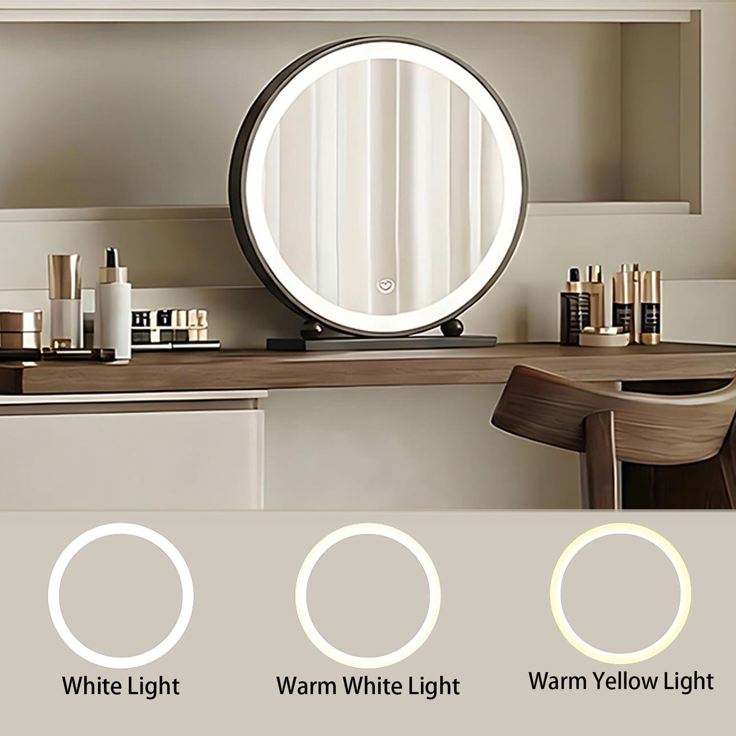 47'' Makeup Vanity with Walnut Veneer Top & Smart LED Lights Mirror and Stool,Mid Century