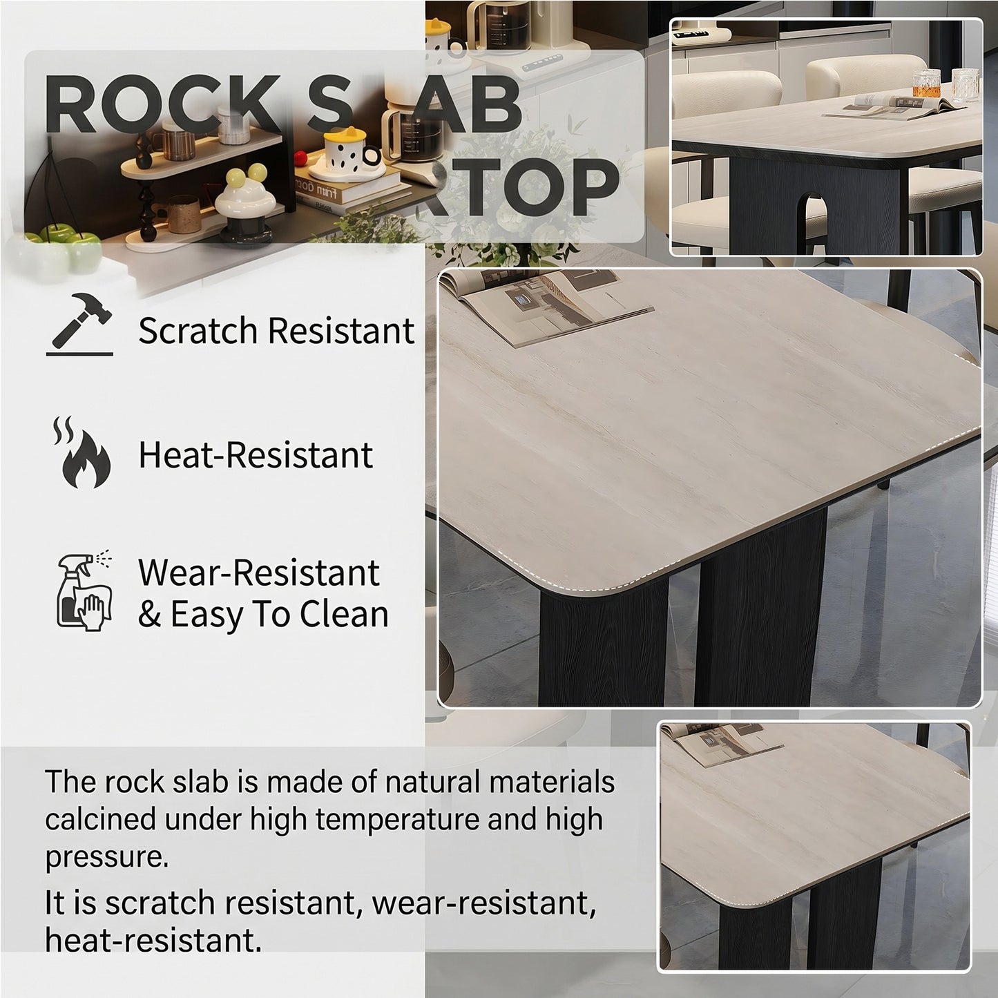 55''-71''Sintered Stone Dining Table with 4 Chairs & Ash Wood Legs for Kitchen