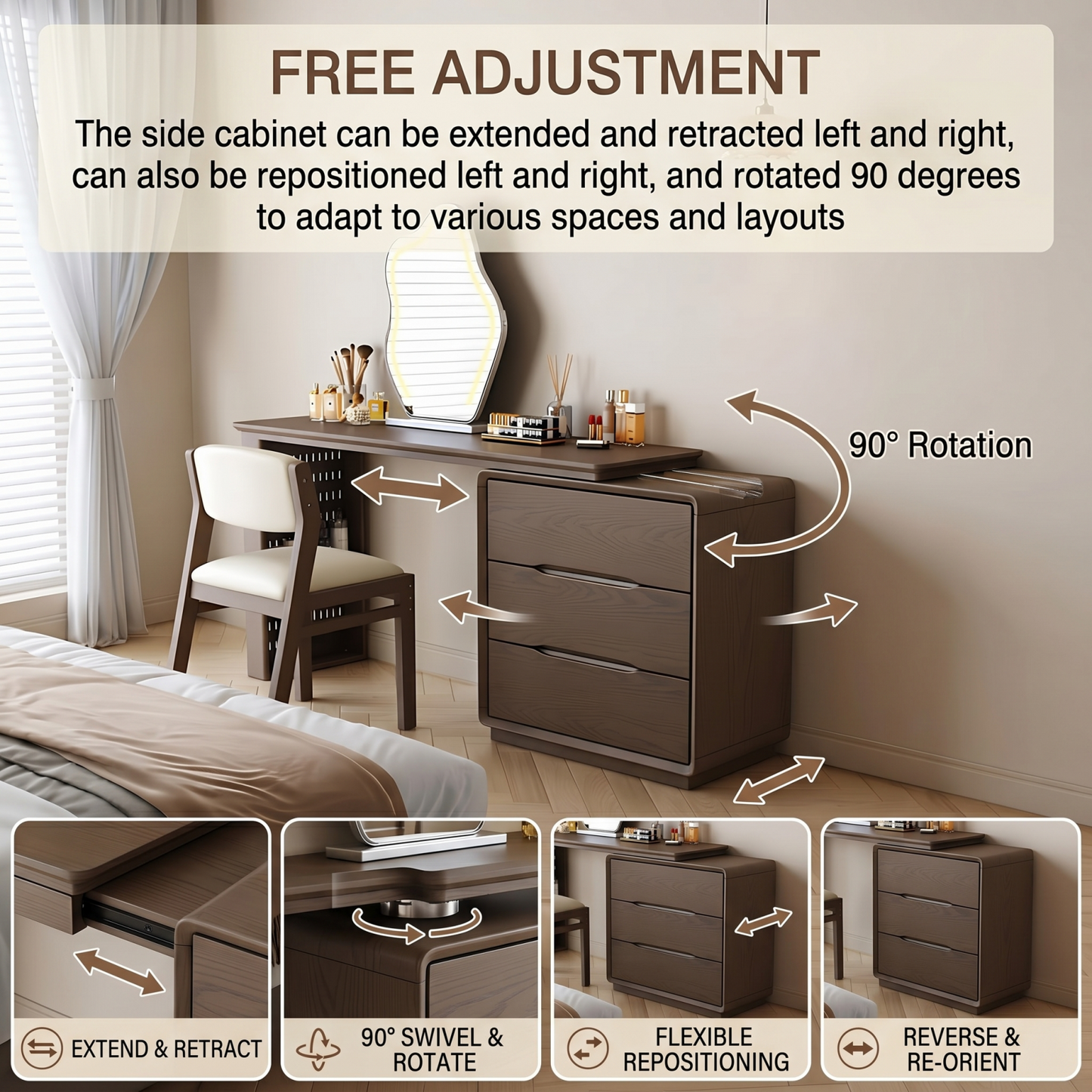 47''Vanity Set with Stool and Smart LED Light Mirror,Walnut Veneer & Storage Table Leg